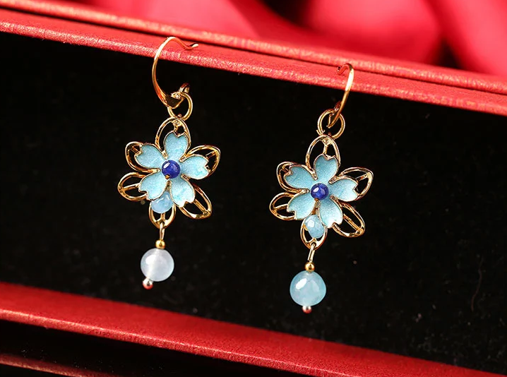 家佳樂文學景泰藍花朵復(fù)古耳飾氣質(zhì)耳環(huán)
