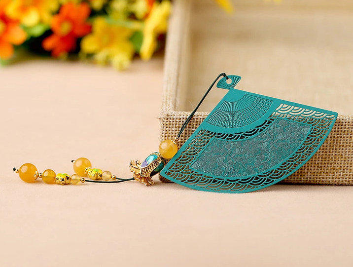 鏤空金屬扇形家佳樂(lè)文學(xué)綠色瑪瑙流蘇書簽