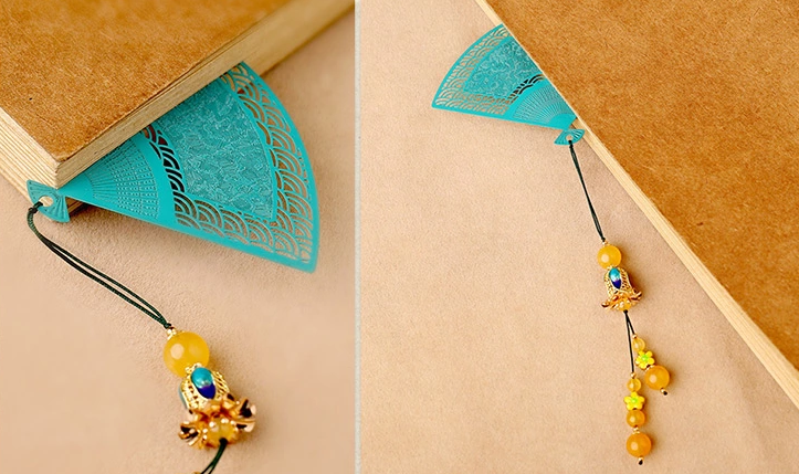 鏤空金屬扇形家佳樂(lè)文學(xué)綠色瑪瑙流蘇書簽