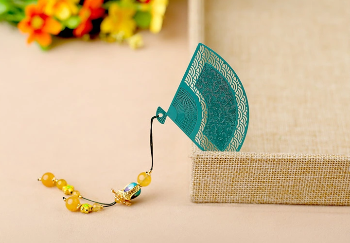 鏤空金屬扇形家佳樂(lè)文學(xué)綠色瑪瑙流蘇書簽