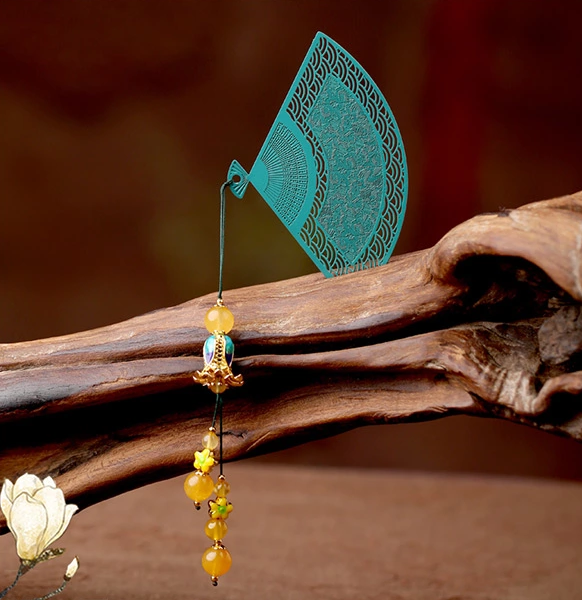 鏤空金屬扇形家佳樂(lè)文學(xué)綠色瑪瑙流蘇書簽