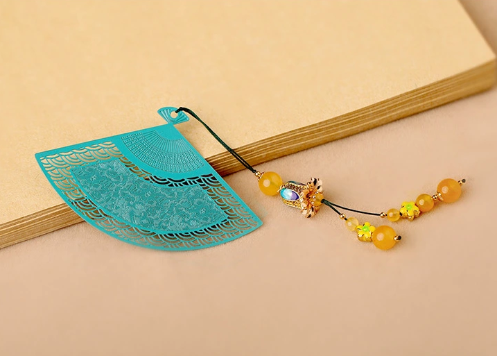 鏤空金屬扇形家佳樂(lè)文學(xué)綠色瑪瑙流蘇書簽