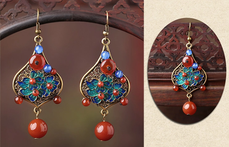 時(shí)尚家佳樂(lè)文學(xué)景泰藍(lán)復(fù)古耳環(huán)首飾