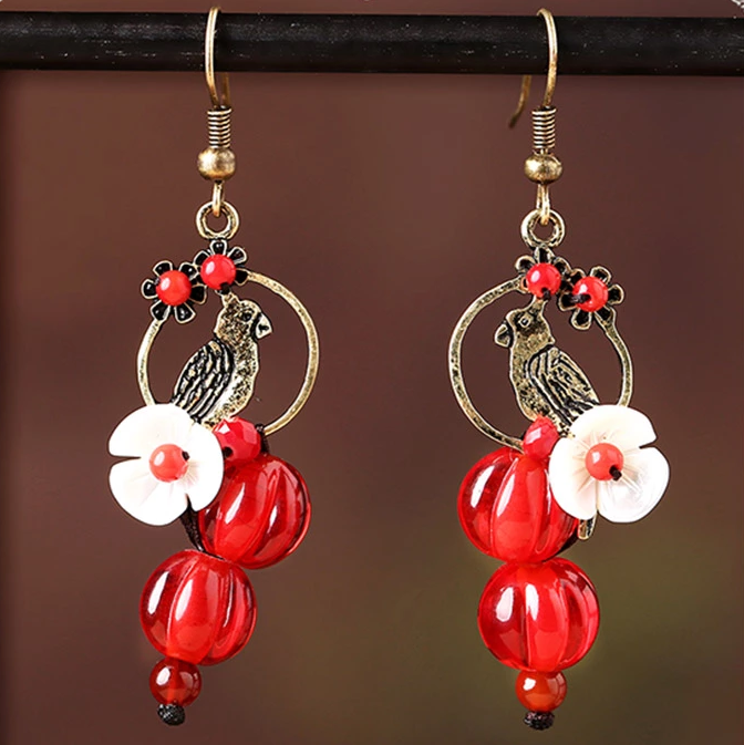 復古小燕子紅色琉璃耳環(huán)新娘首飾