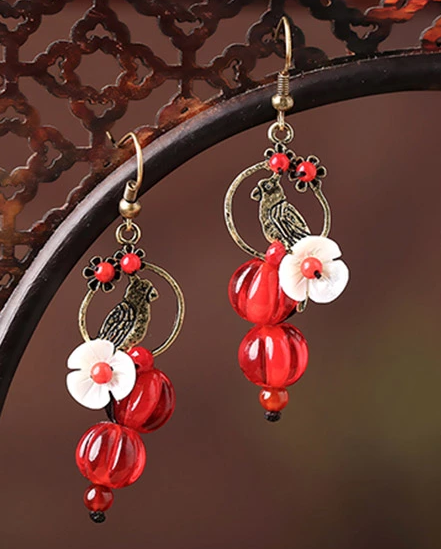 復古小燕子紅色琉璃耳環(huán)新娘首飾