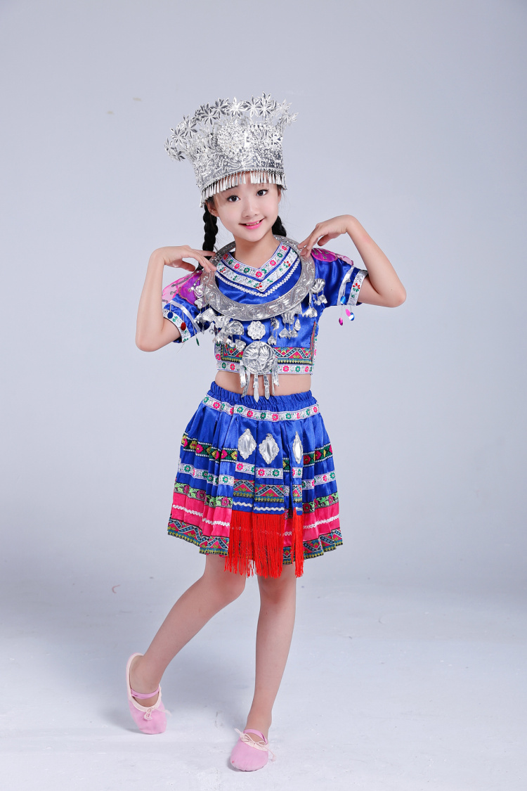 兒童款土家族苗族服飾，百褶裙少數(shù)民族服裝