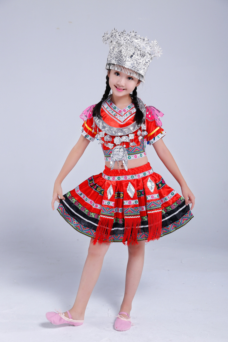 兒童款土家族苗族服飾，百褶裙少數(shù)民族服裝