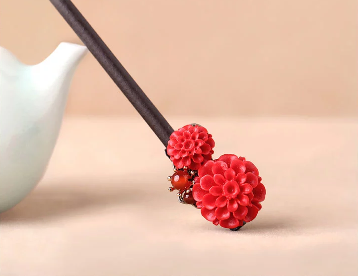 家佳樂文學漆雕花朵民族風紅色簪子新娘頭飾