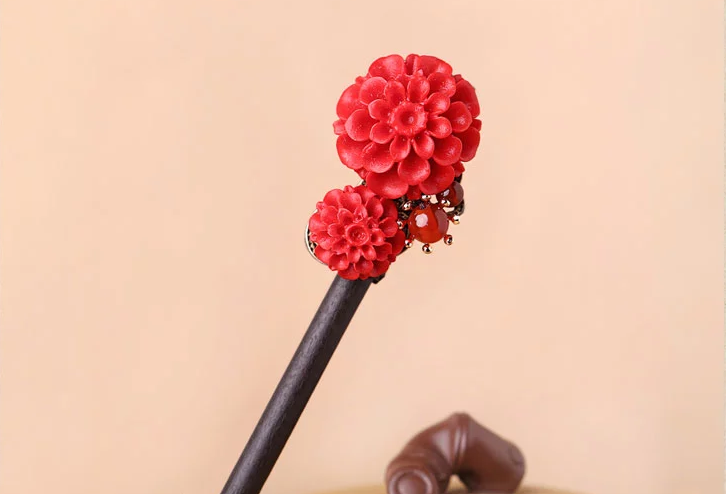 家佳樂文學漆雕花朵民族風紅色簪子新娘頭飾