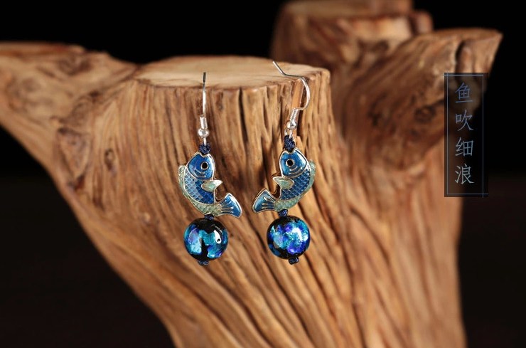 藍(lán)色景泰藍(lán)魚兒耳環(huán)琉璃時尚氣質(zhì)耳墜首飾