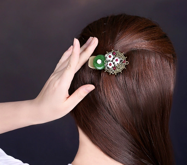 時(shí)尚家佳樂文學(xué)頭飾，復(fù)古民族風(fēng)綠彩玉扣發(fā)夾
