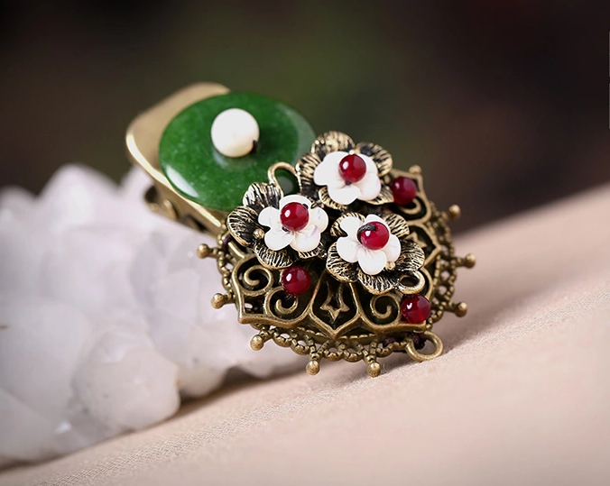 時(shí)尚家佳樂文學(xué)頭飾，復(fù)古民族風(fēng)綠彩玉扣發(fā)夾