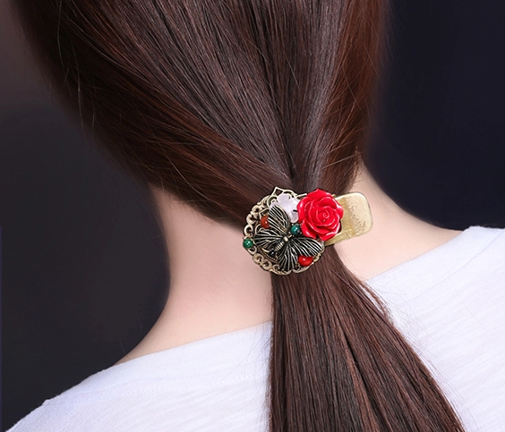 漆雕玫瑰復(fù)古盤發(fā)頭飾，金屬鴨嘴夾發(fā)夾