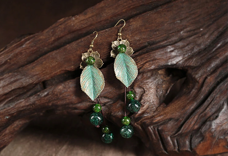 民族風樹葉綠色琉璃耳墜氣質(zhì)復古耳環(huán)
