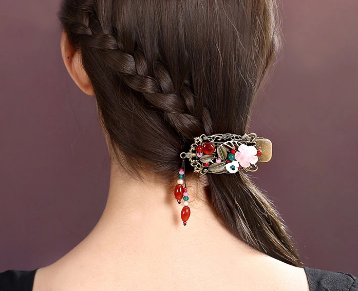 復古粉水晶中式頭飾古典鴨嘴夾發(fā)夾