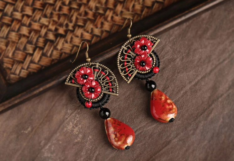 紅花朵陶瓷家佳樂文學(xué)耳環(huán)首飾