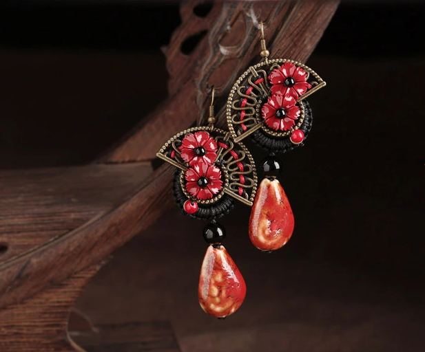 紅花朵陶瓷家佳樂文學(xué)耳環(huán)首飾