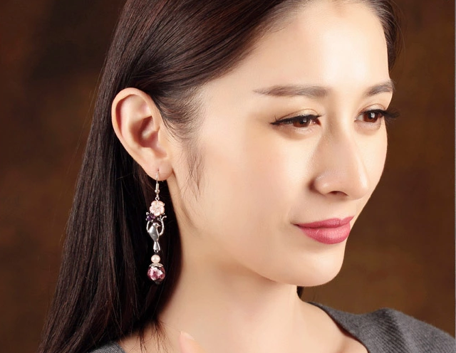 鵲嬈古風(fēng)貝殼花珍珠耳墜復(fù)古小鳥耳環(huán)首飾