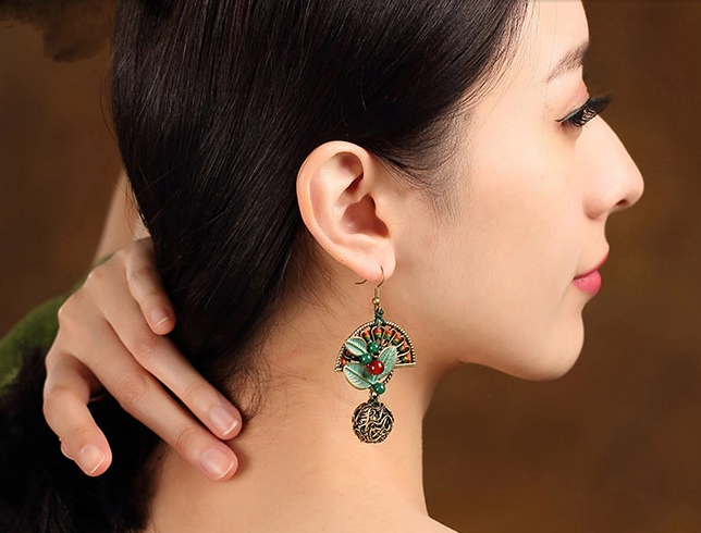 折扇搖復(fù)古家佳樂文學(xué)樹葉扇形耳環(huán)首飾