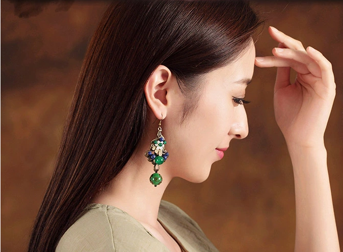 雀織錦屏復古家佳樂文學綠色孔雀琉璃耳環(huán)首飾