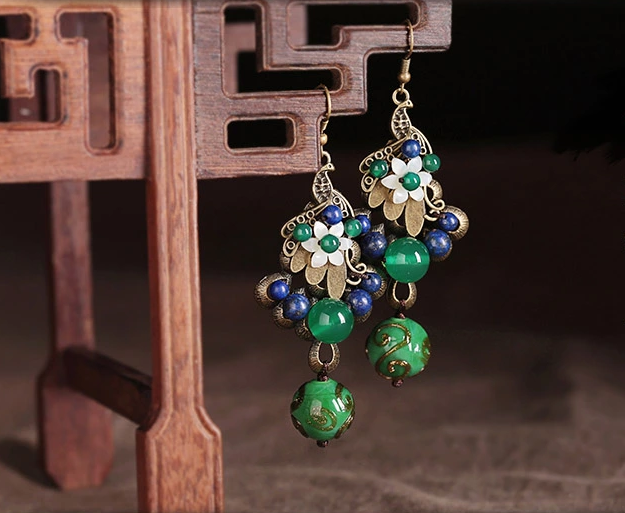 雀織錦屏復古家佳樂文學綠色孔雀琉璃耳環(huán)首飾