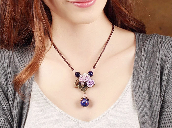 貝殼紫玫瑰花朵吊墜鎖骨鏈復(fù)古風(fēng)項鏈