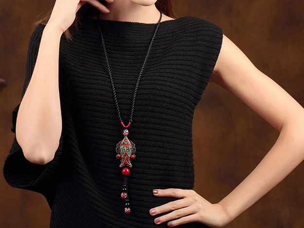 民族風魚吊墜家佳樂文學毛衣鏈項鏈首飾