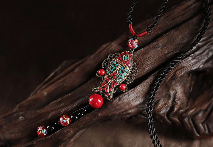 民族風魚吊墜家佳樂文學毛衣鏈項鏈首飾