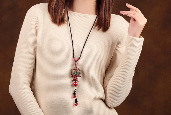 民族風魚吊墜家佳樂文學毛衣鏈項鏈首飾