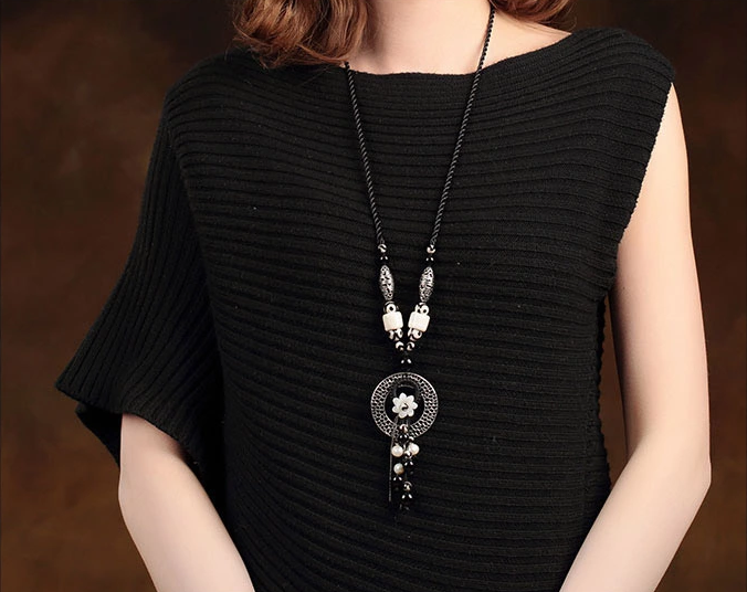 天珠貝殼花裝飾復古毛衣鏈長款項鏈首飾