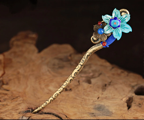 藍(lán)色貝殼花朵發(fā)飾古風(fēng)盤發(fā)簪子頭飾