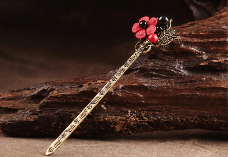 家佳樂文學(xué)紅色花朵簪子清新頭飾