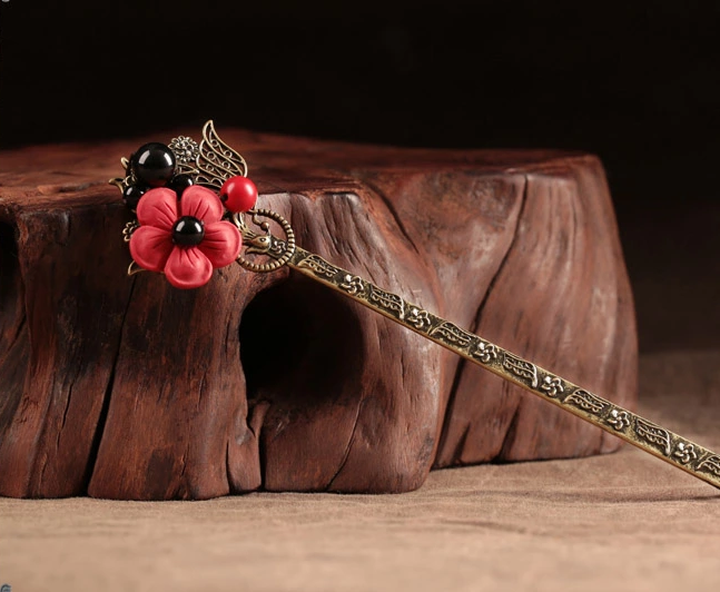 家佳樂文學(xué)紅色花朵簪子清新頭飾