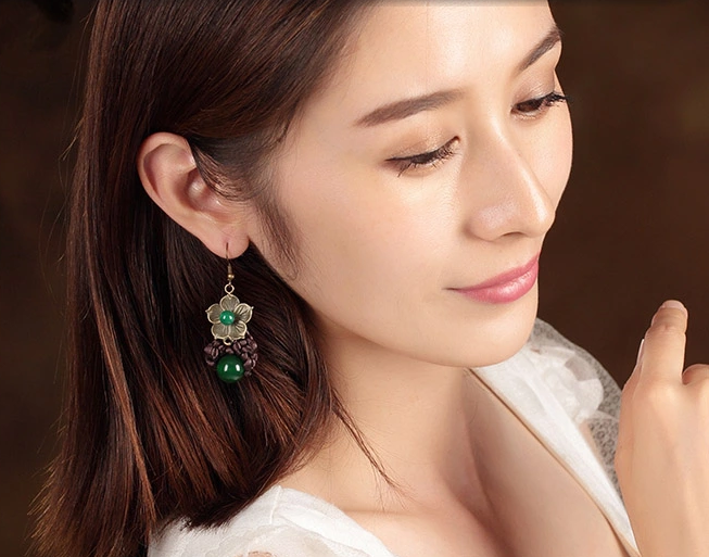 中國(guó)結(jié)綠色瑪瑙花朵耳環(huán)首飾