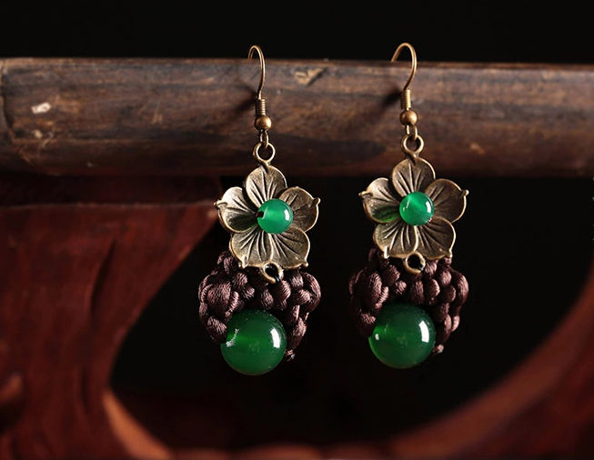 中國(guó)結(jié)綠色瑪瑙花朵耳環(huán)首飾