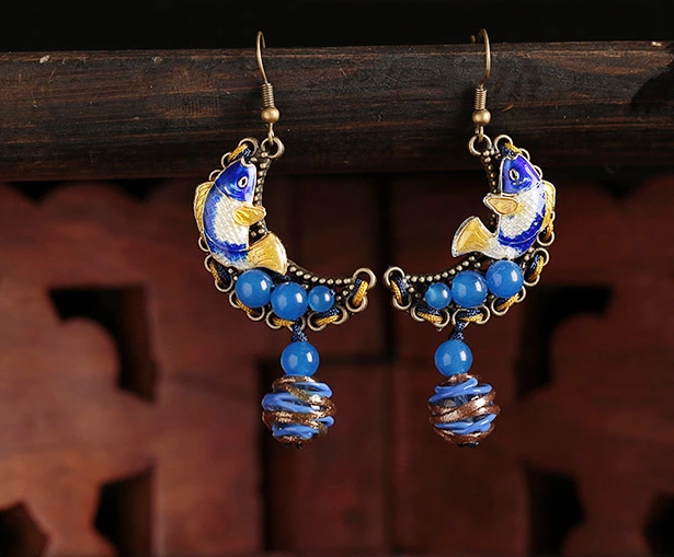 家佳樂文學(xué)古典耳環(huán)，景泰藍(lán)魚耳墜首飾