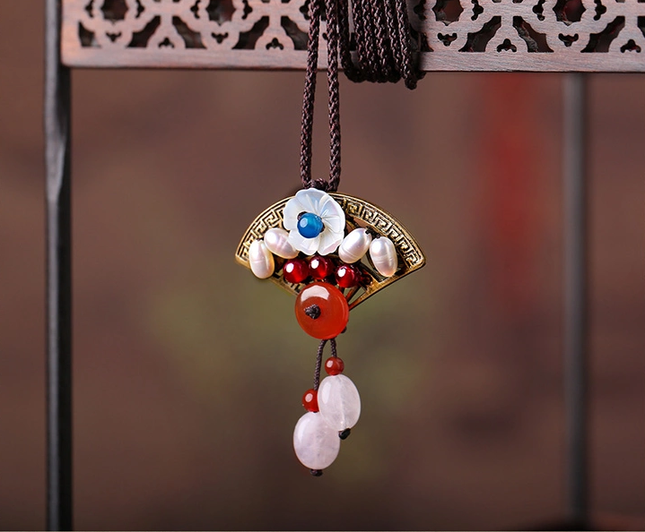 扇形吊墜鎖骨鏈珍珠項鏈復古首飾