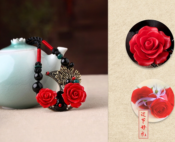 家佳樂文學紅色玫瑰吊墜復古項鏈新娘首飾