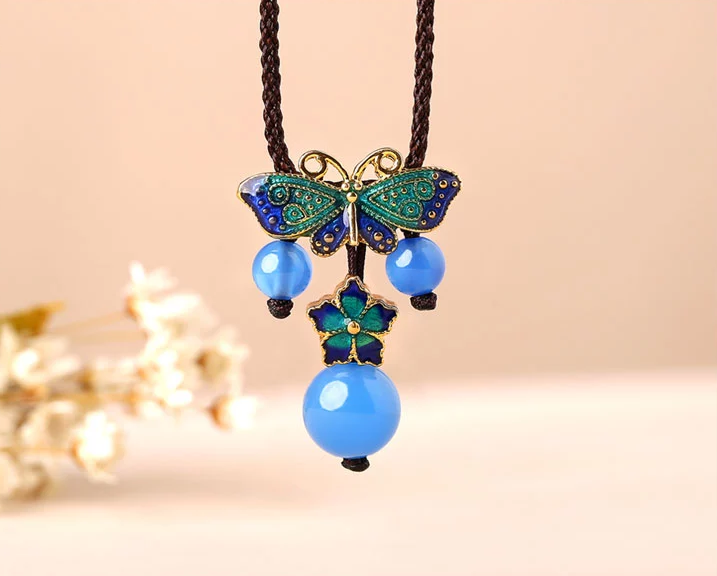 蝴蝶景泰藍(lán)項鏈藍(lán)色鎖骨鏈民族風(fēng)首飾