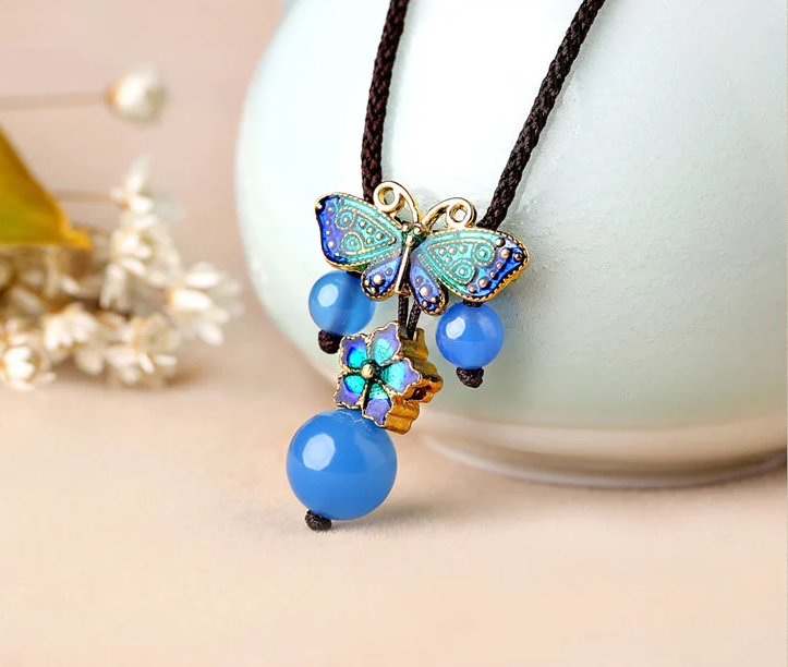 蝴蝶景泰藍(lán)項鏈藍(lán)色鎖骨鏈民族風(fēng)首飾