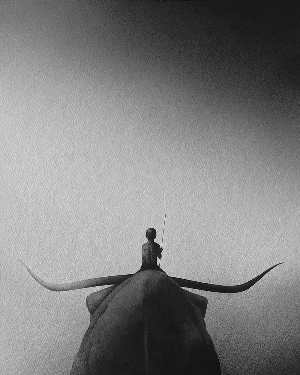 黑白水彩手繪裝飾畫，孩子與野獸