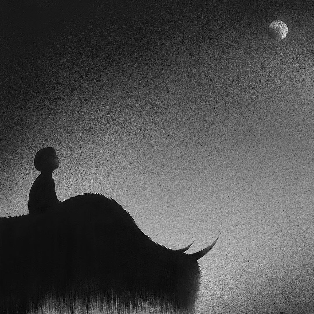 黑白水彩手繪裝飾畫，孩子與野獸