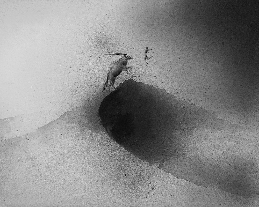 黑白水彩手繪裝飾畫，孩子與野獸