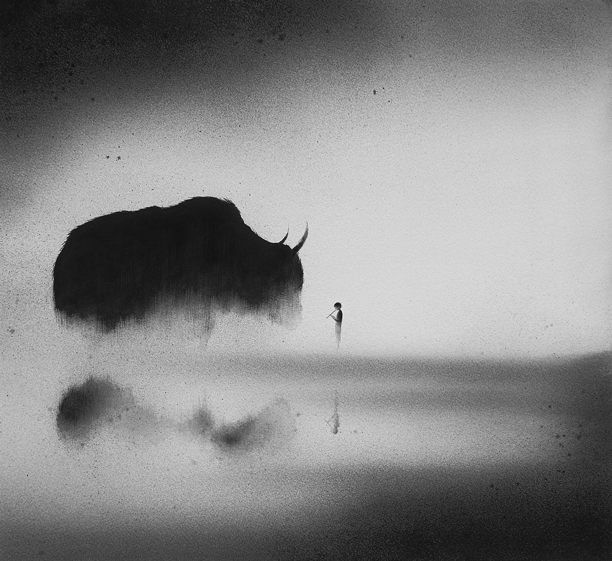 黑白水彩手繪裝飾畫(huà)，孩子與野獸