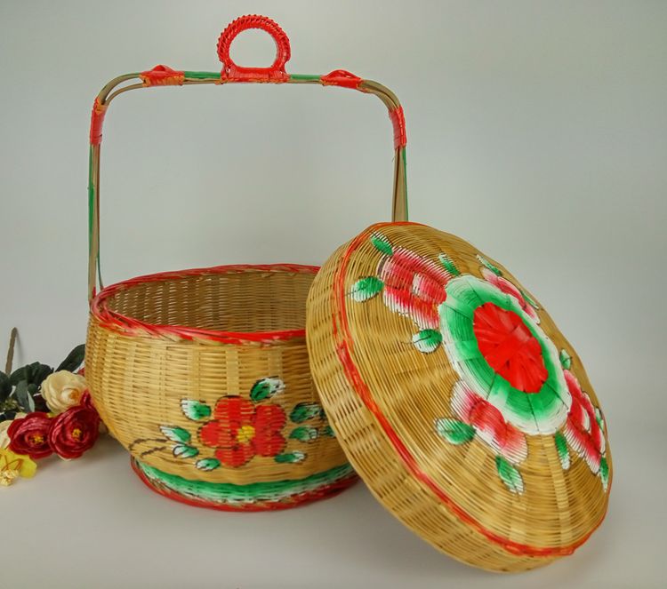 手工竹編竹籃，手繪彩繪禮品籃