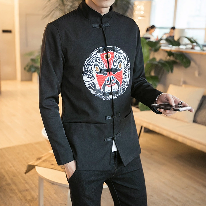 中國(guó)傳統(tǒng)元素臉譜刺繡家佳樂(lè)文學(xué)唐裝