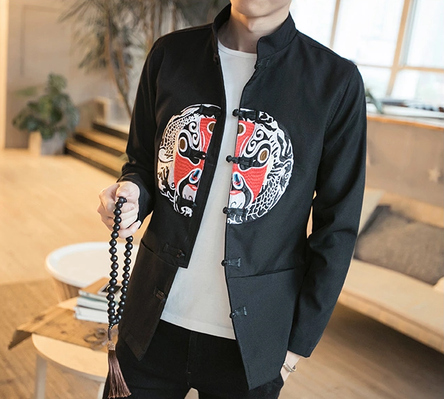 中國(guó)傳統(tǒng)元素臉譜刺繡家佳樂(lè)文學(xué)唐裝