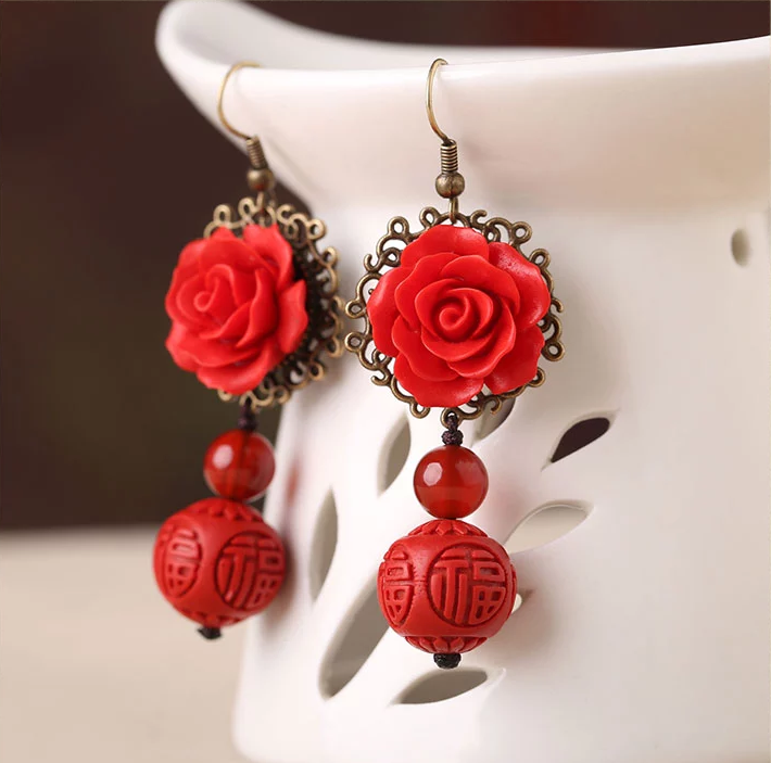 家佳樂文學(xué)紅色耳墜新娘配飾漆雕耳環(huán)