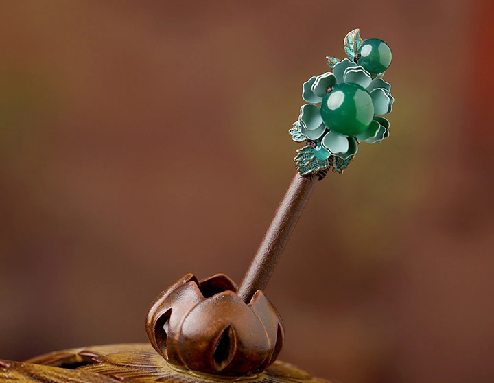 古典金屬花朵綠瑪瑙飾品民族風簪子