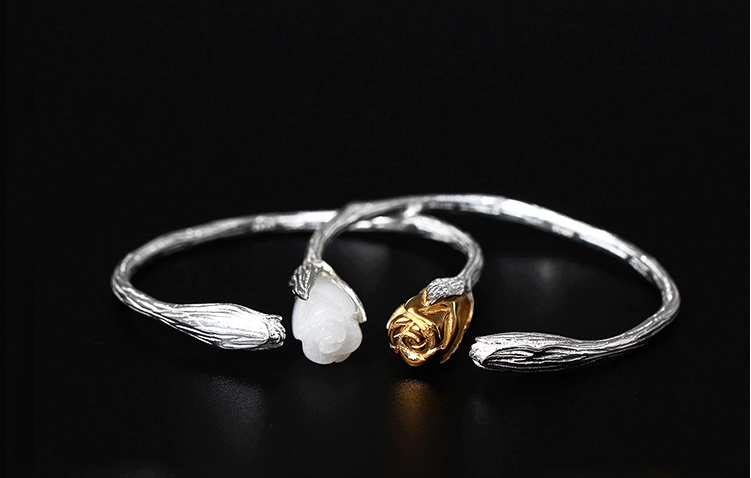 家佳樂(lè)文學(xué)復(fù)古風(fēng)白玉蘭花開口手鐲